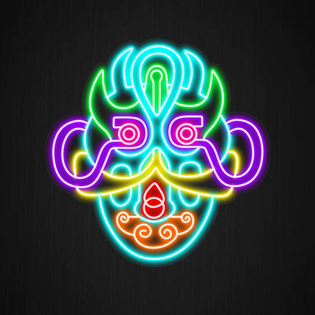 Um letreiro de neon hipnotizante com um design surreal de máscara artística. As luzes de neon formam padrões intrincados e cores vibrantes, criando um visual deslumbrante e instigante.