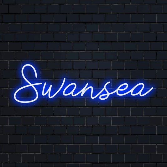 Swansea Neon Sign, glowing lettering against brick backdrop