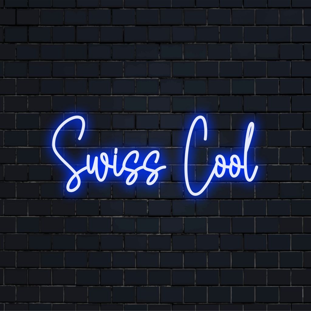 Swiss Cool Neon Sign, bright LED glow on dark brick wall