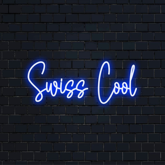 Swiss Cool Neon Sign, bright LED glow on dark brick wall