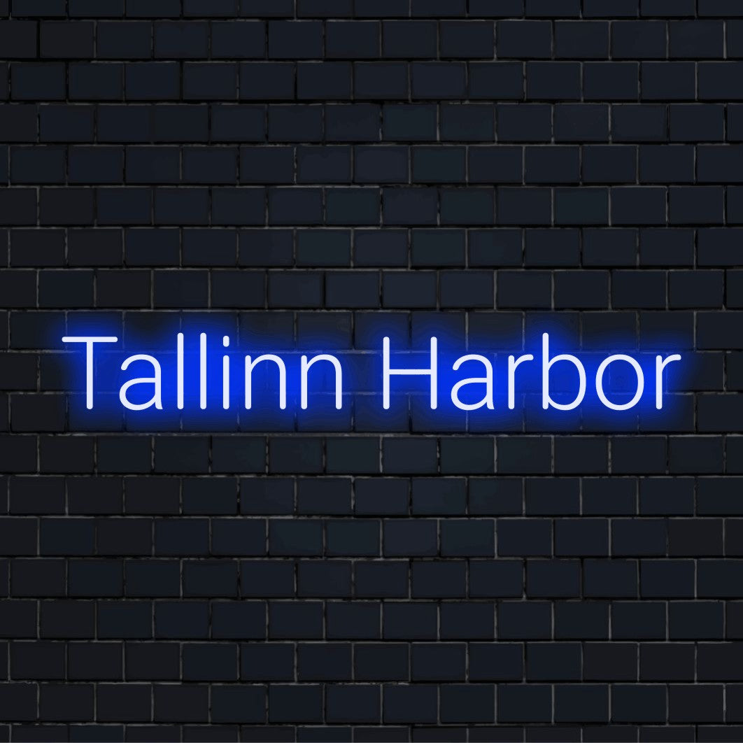 Tallinn Harbor Neon Sign, glowing wall decor against brick backdrop