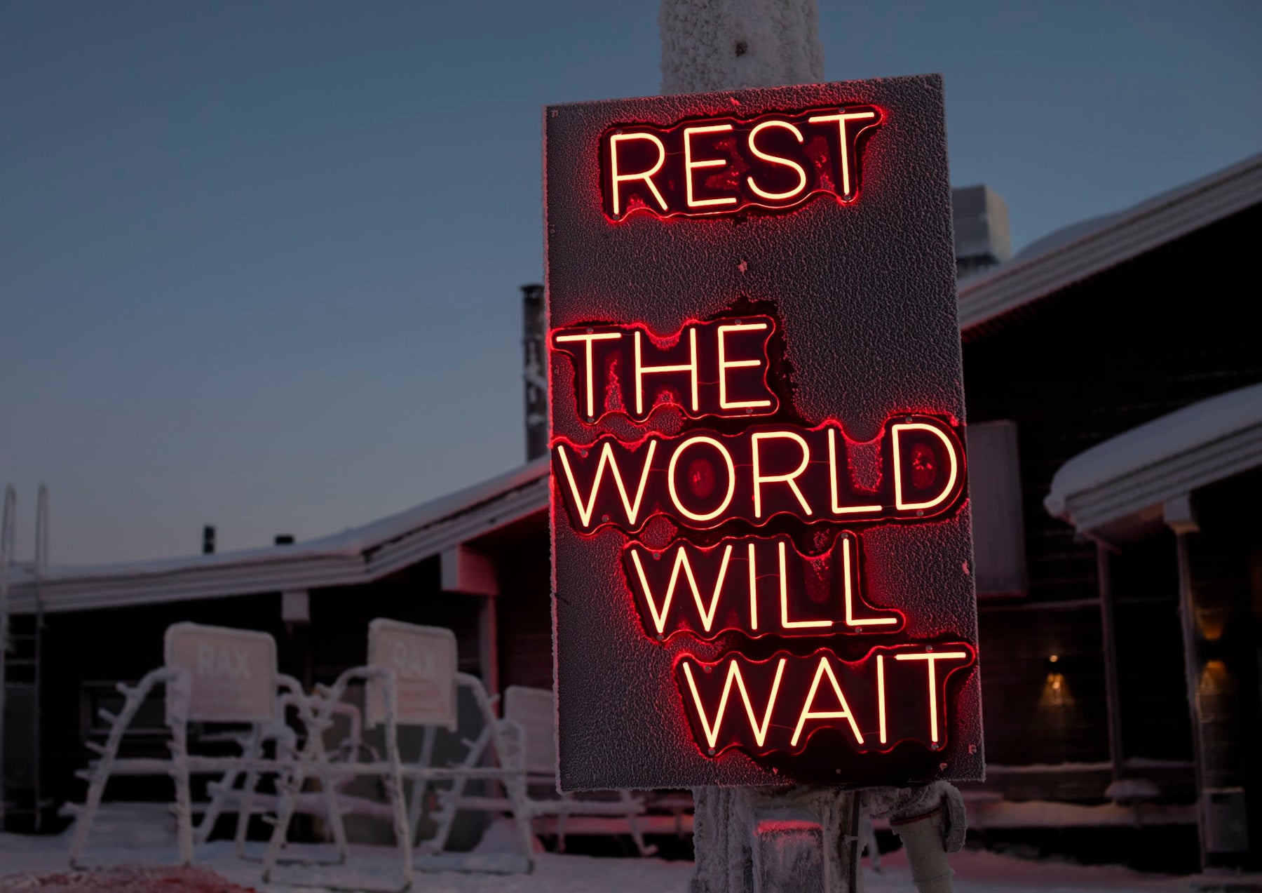 Outdoor LED neon text installation at Ruka Polar Night Light Festival in Finland