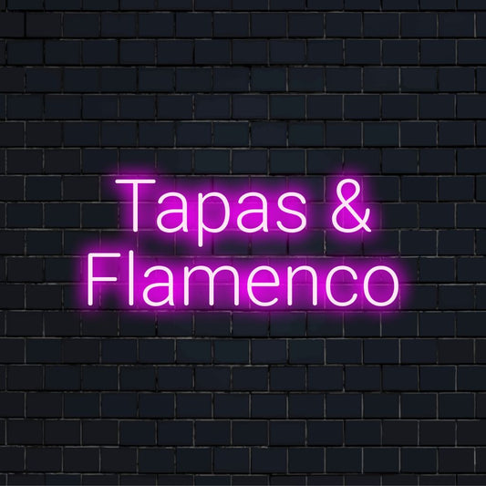 Tapas Flamenco LED Neon Sign, bright neon glow on dark brick background