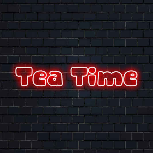 Tea Time LED Neon Sign, glowing neon text on black brick background