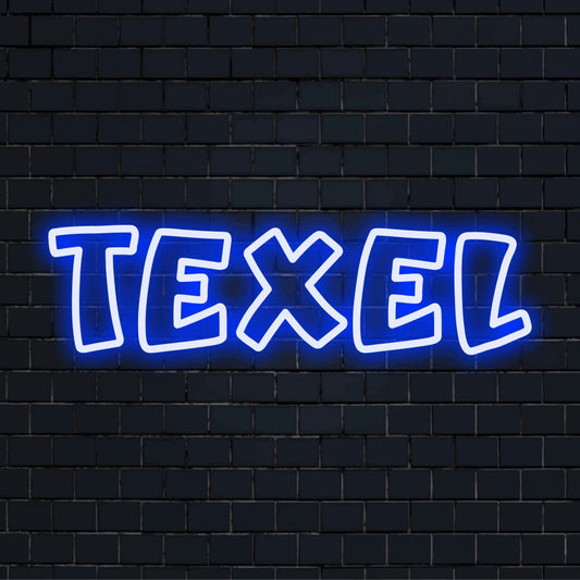 Texel LED Neon Sign, glowing lettering against black brick wall