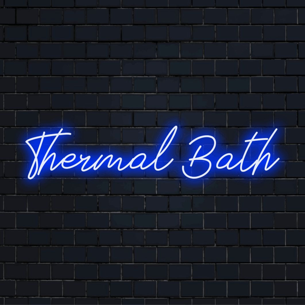 Thermal Bath Neon Sign, soft neon glow on black brick background