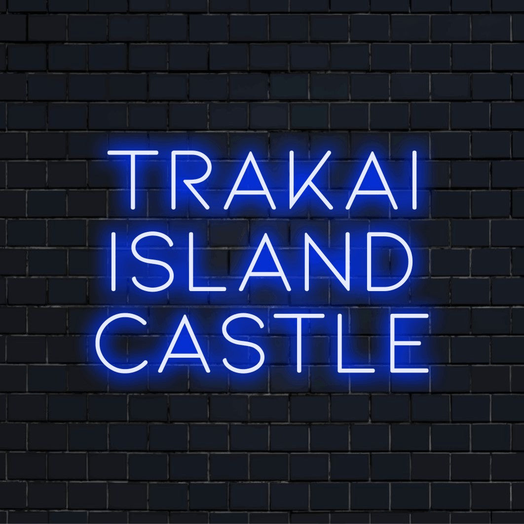 Trakai Island Castle Neon Sign, bright LED glow against black brick wall