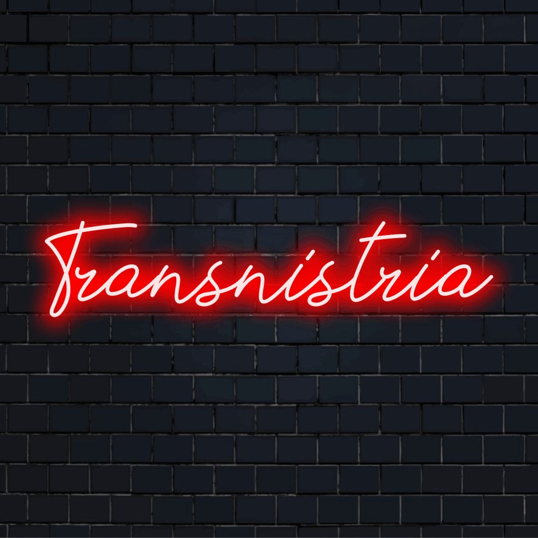 Transnistria Neon Sign, soft neon glow against black brick wall