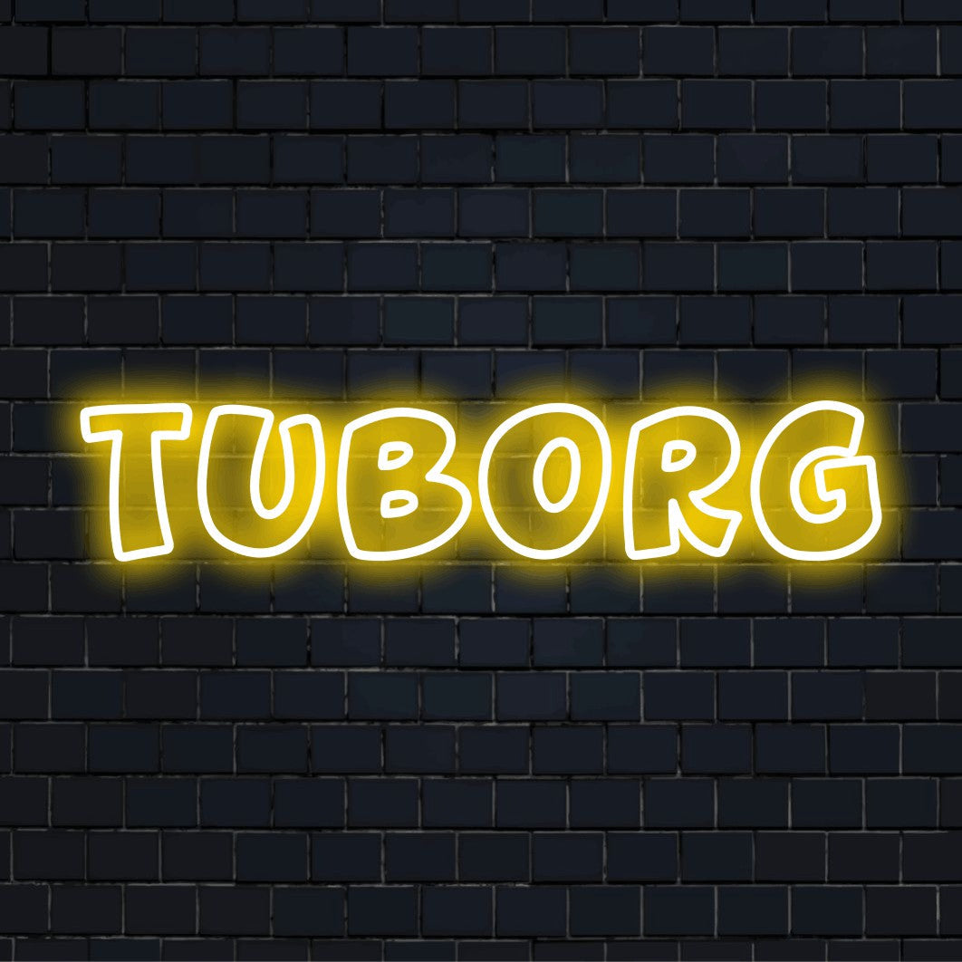 Tuborg LED Neon Sign, glowing neon text against black brick wall