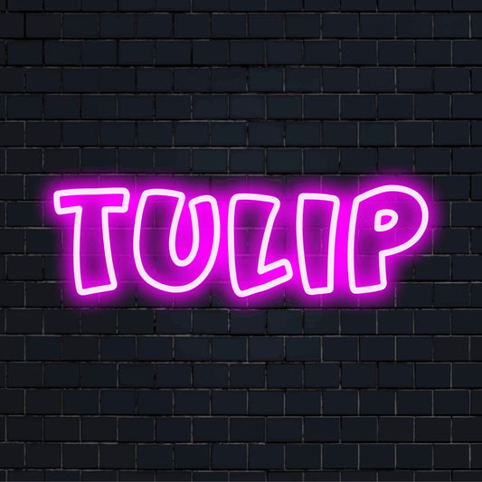 Tulip Neon Sign, bright neon glow on black brick background