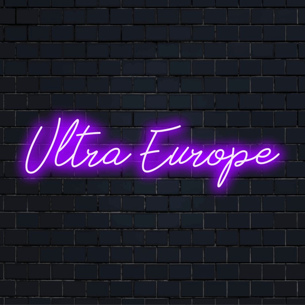 Ultra Europe LED Neon Sign, bright LED glow on black brick background