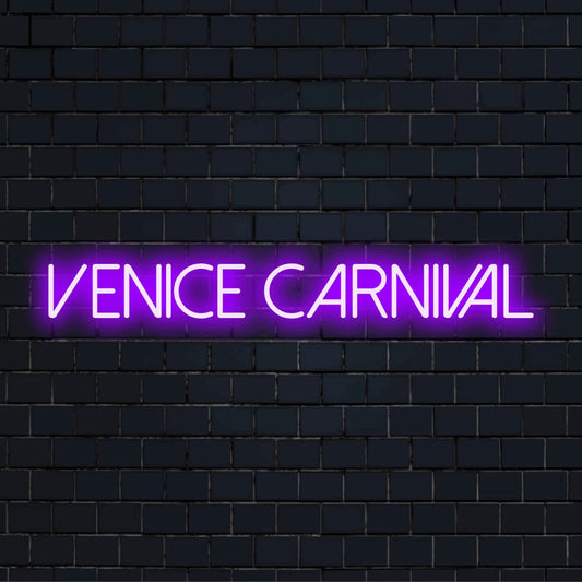 Venice Carnival LED Neon Sign, bright LED glow against brick backdrop