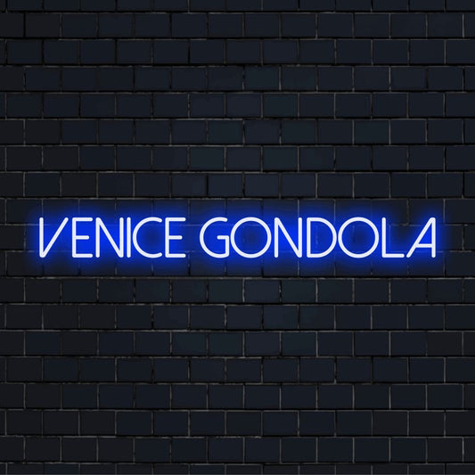 Venice Gondola Neon Sign, bright neon lettering on dark brick wall