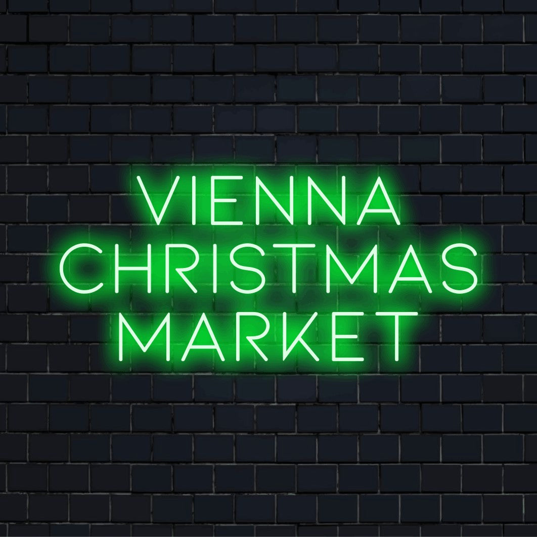 Vienna Christmas Market LED Neon Sign, bright neon glow against brick backdrop