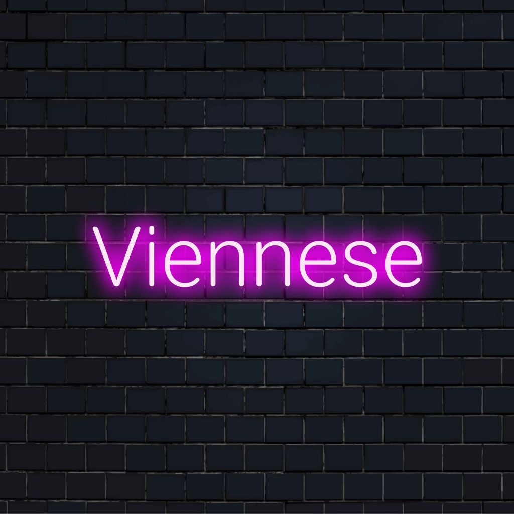 Viennese LED Neon Sign, glowing wall decor on dark brick wall