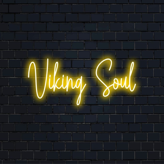 Viking Soul Neon Sign, glowing wall decor against black brick wall