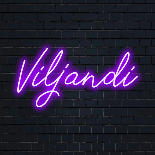 Viljandi Neon Light with glowing neon text on dark brick wall