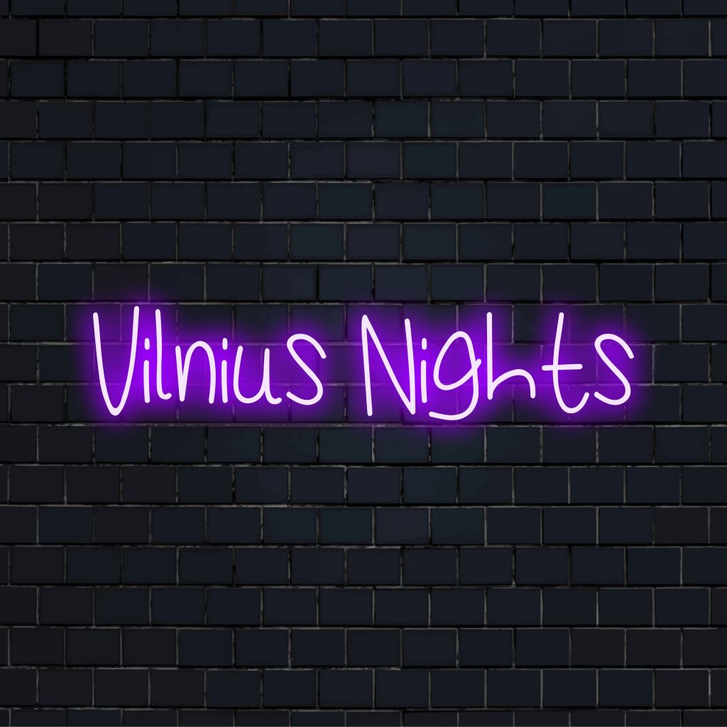 Vilnius Nights Neon Light with glowing wall decor against black brick wall
