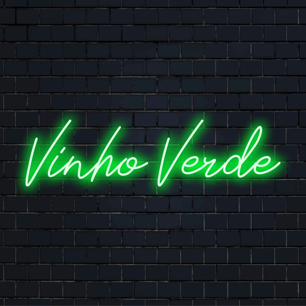 Vinho Verde LED Neon Sign, glowing wall decor against black brick wall