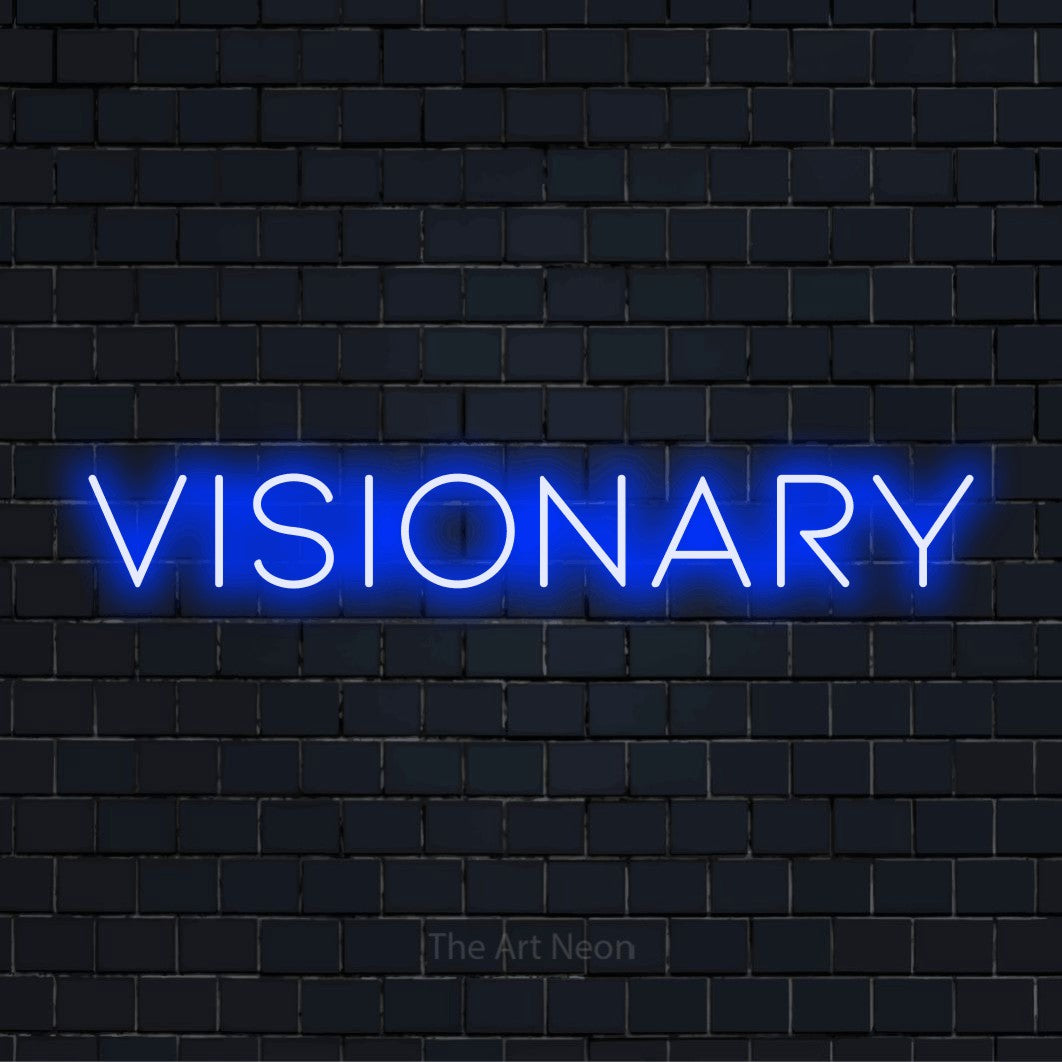 "Visionary" neon text design on a black brick wall