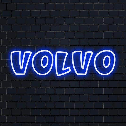 Volvo Neon Sign, bright neon glow on dark brick background