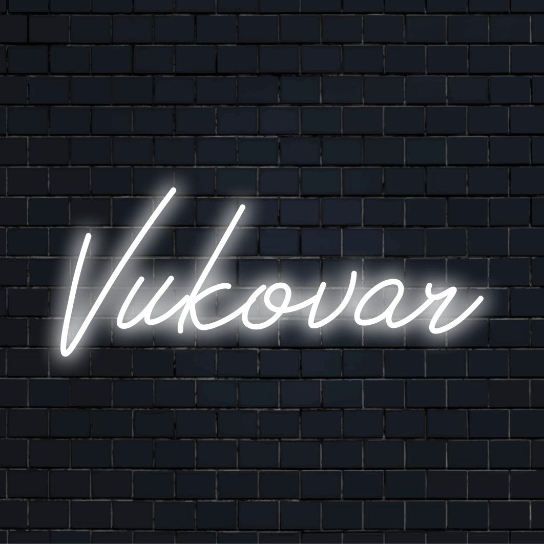 Vukovar Neon Sign, bright neon glow against brick backdrop