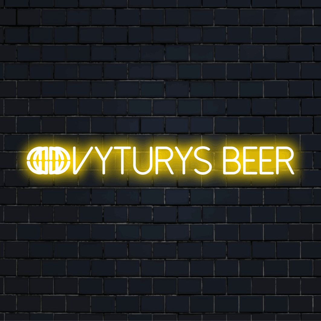 Vyturys Beer Neon Sign, bright neon lettering on dark brick background