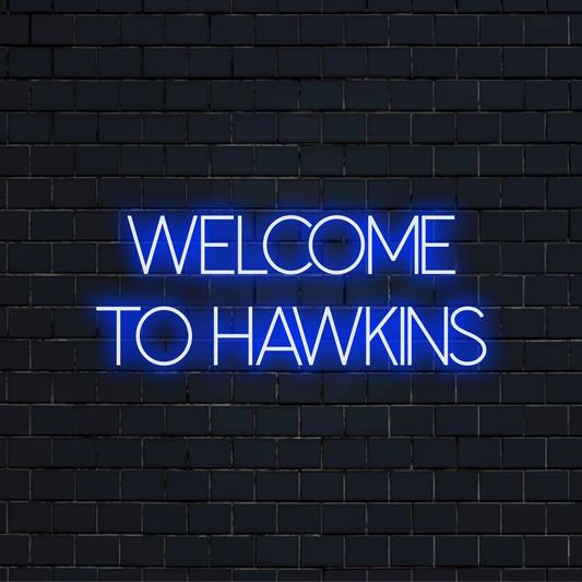 Welcome To Hawkins Neon Sign, bright neon lettering against brick backdrop