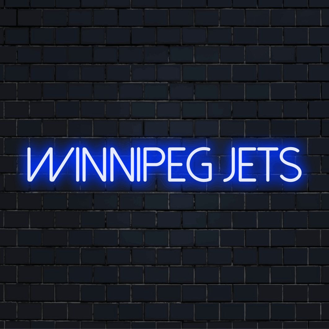 Winnipeg Jets Neon Sign, glowing wall decor on dark brick background
