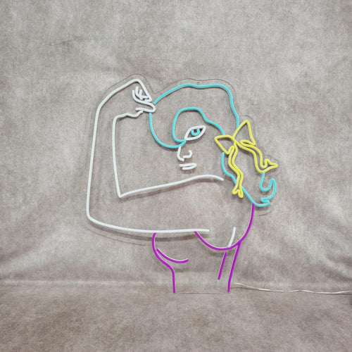 Letreiro de neon com mulher flexionando músculos - The Art Neon