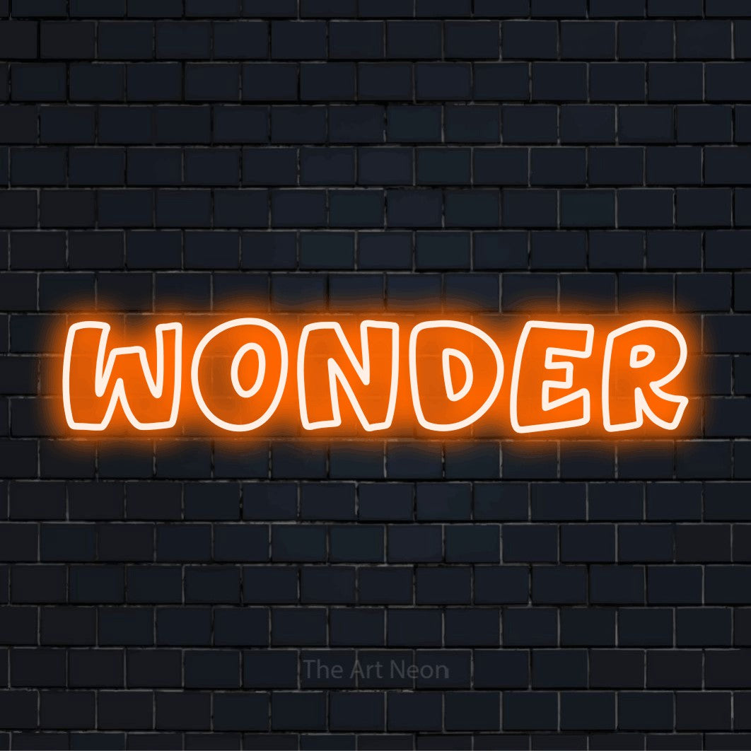 "Wonder" LED neon sign on a black brick wall