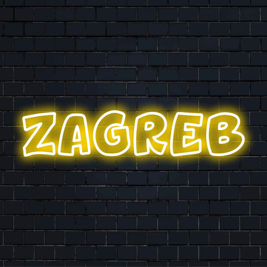 Zagreb Neon Sign, soft neon glow on black brick background