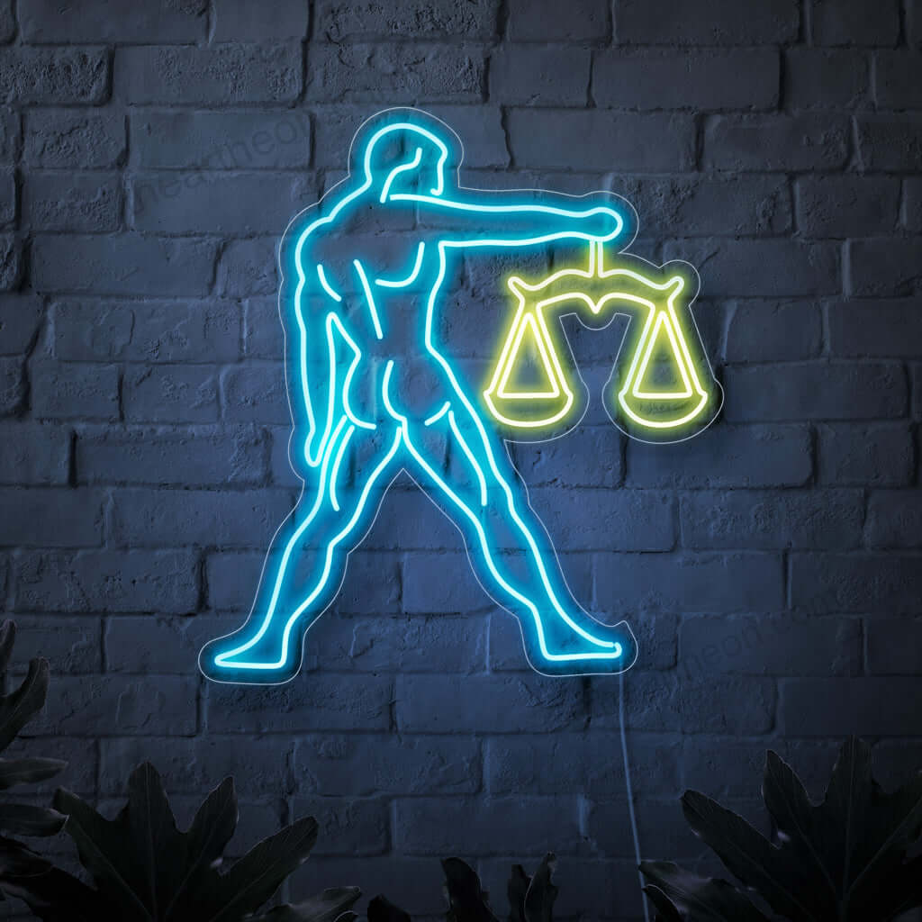 Um letreiro de neon cativante com o símbolo de Libra, representando um homem segurando uma balança. Este letreiro de neon com tema astrológico adiciona um toque de misticismo e elegância a qualquer ambiente, emitindo uma luz vibrante e encantadora. Ele representa o signo de Libra, simbolizando equilíbrio, harmonia e justiça.