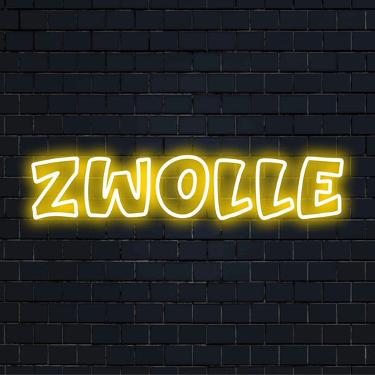 Zwolle LED Neon Sign, glowing wall decor on black brick background